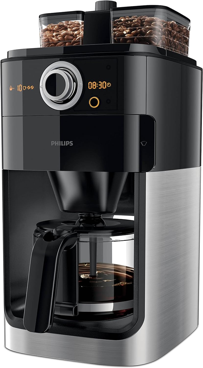 PHILIPS Grind and Brew Coffee Maker with Glass Jug, Grind and Brew System, HD7762, Black/Silver - International Version