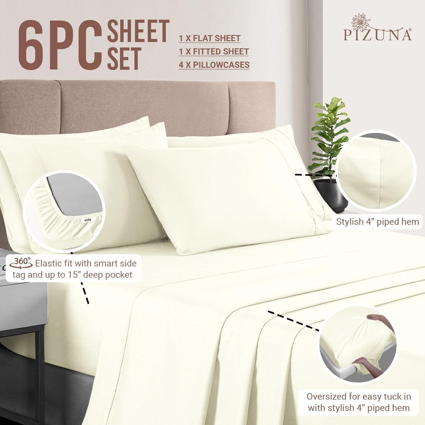 Pizuna Pure 100% Cotton 6 Piece Queen Bed Sheets Set Off White, Luxurious 400 Thread Count Long Staple Cotton Sateen Sheets with 15" Deep Pocket (Cotton Bed Sheet Set - 6PC)