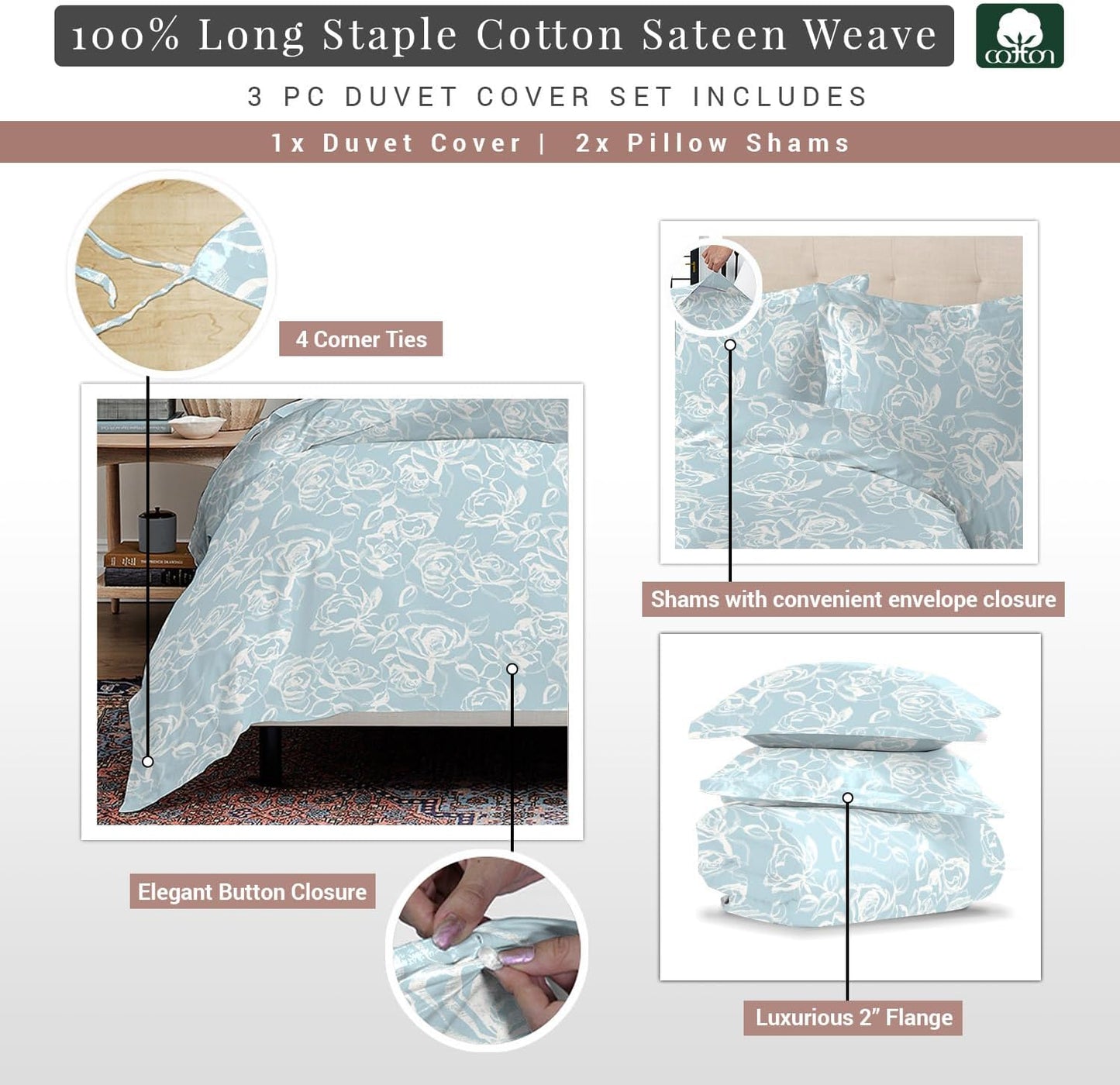 Pizuna Pure 100% Cotton Full Duvet Cover Set, Luxurious 400 Thread Count Long Staple Cotton Sateen Weave with Button Closure (Combed Grey Cascade Stripe Cotton Duvet Cover Full)