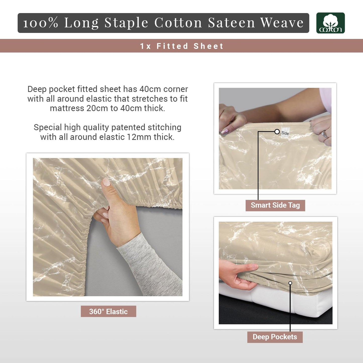 Pizuna Pure 100% Cotton Full Fitted Sheet Only, Luxurious 400 Thread Count Long Staple Cotton Sateen Weave 15" Deep Pocket Fitted Sheet (Combed Taupe Smart Plaid Full Fitted Sheet Cotton)