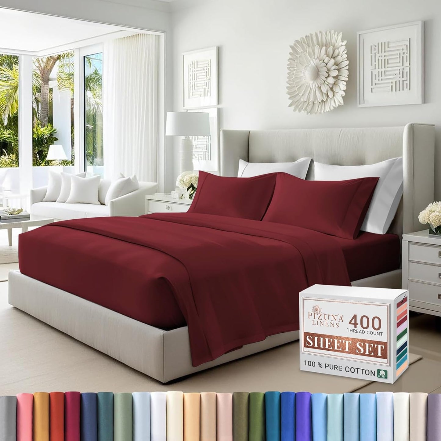 Pizuna Pure 100% Cotton Twin XL Bed Sheet Set White, 400 Thread Count Cozy Luxury Long Staple Cotton Sateen Weave Bedsheet Set (1 Flat Sheet, 1 Fitted Sheet, 1 Pillowcase)