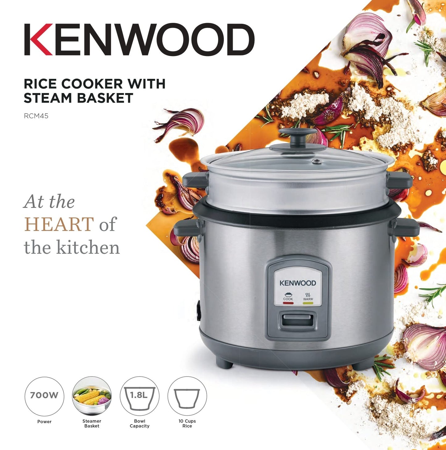 KENWOOD 2-in-1 Rice Cooker 1.8L 10-Cups Rice with Food Steamer Basket, Non-Stick Cooking Pot, Temepered Glass Lid, Warm/Cook Lights, Spatula Holder, Detachable Cord RCM44.000RD Red