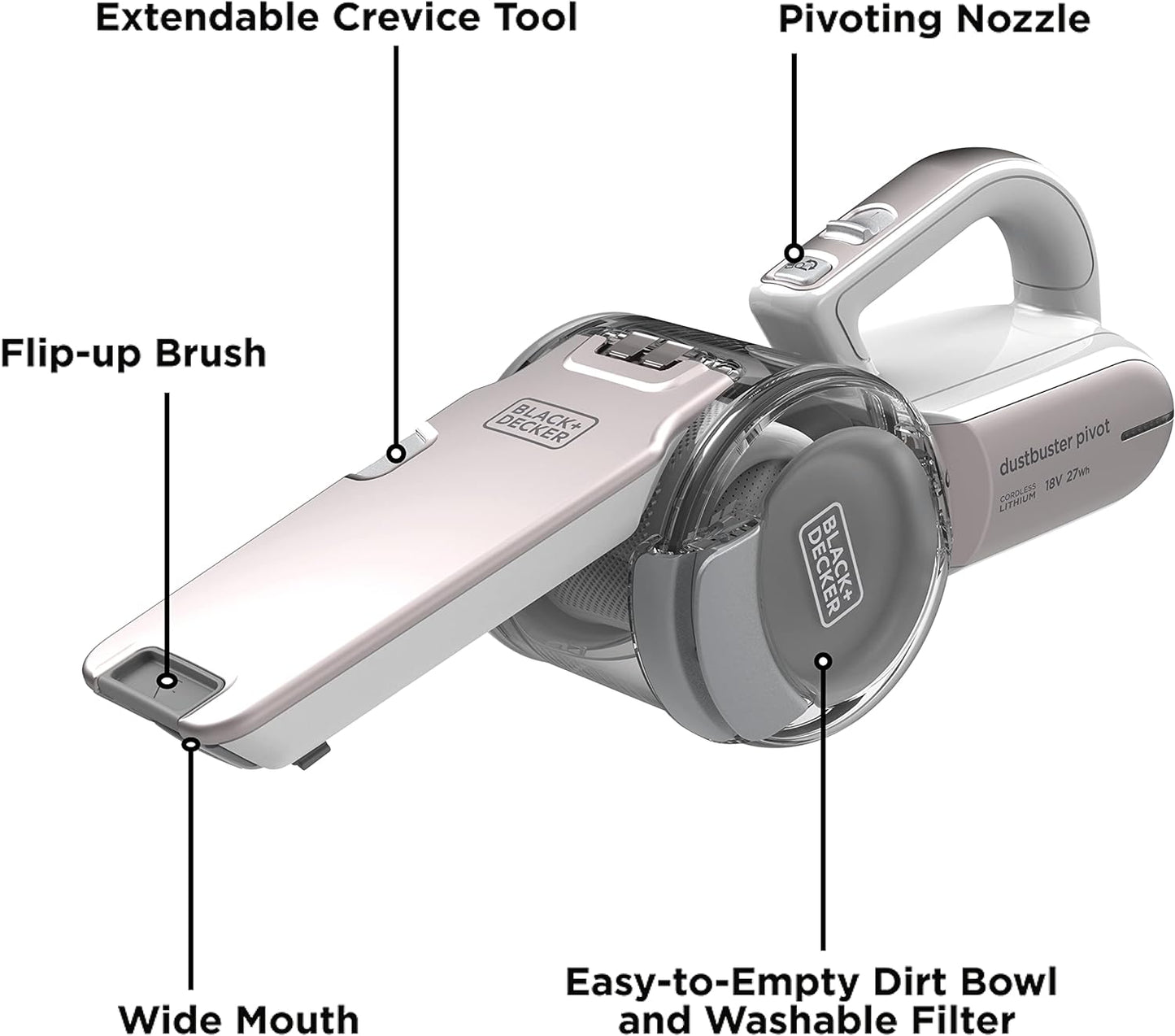 BLACK+DECKER Cordless Handheld Portable Vacuum Cleaner 14.4 V 1.5 Ah Li-Ion Battery 27.5 Air Watts Suction Power Champagne/White PV1420L-B5