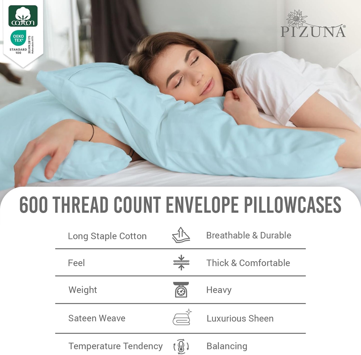 Pizuna Soft 100% Long Staple Cotton Breathable Cool Satin King Pillowcase Set of 2, Ivory, 18" x 18"