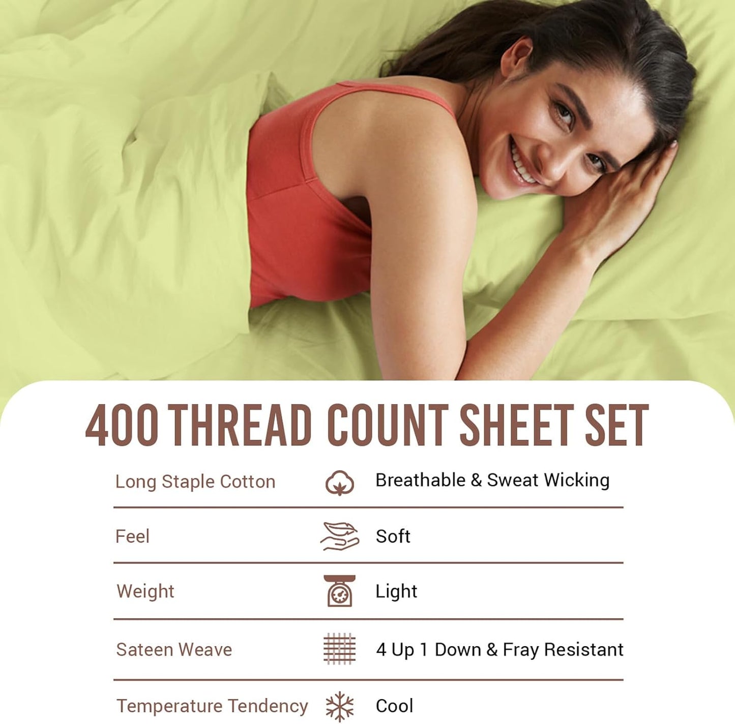 Pizuna Pure 100% Cotton Short King Sheets For RV Light Green, Luxurious 400 Thread Count Long Staple Cotton Sateen Cooling RV King Short Sheets - 4 PC