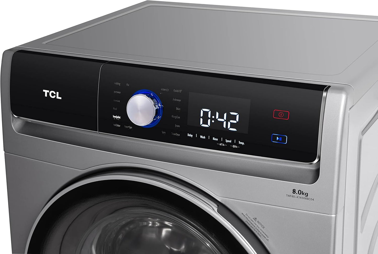 TCL 8kg Front Load Washing Machine, 1400 RPM, BLDC Inverter Motor, 16 Washing Programs, Fully Automatic Washer, Touch Control Panel, Silver, P808FLS