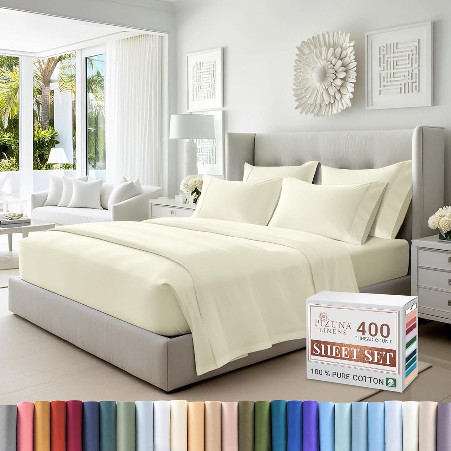 Pizuna Pure 100% Cotton Sheets California King Size, Luxurious 400 Thread Count Long Staple Cotton Sateen Sheets California King with 15inch Deep Pocket (Combed Cotton Sheets California King)
