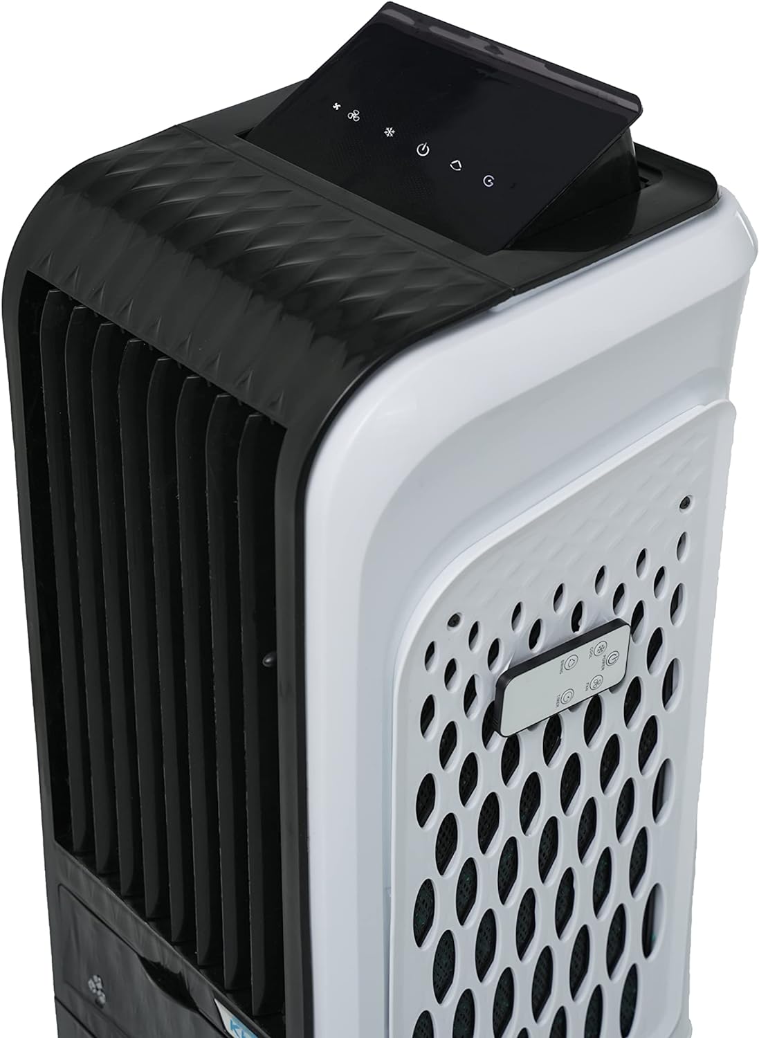 KHIND Frosty-3D 30L, Air Cooler with Remote, 3 Sided Honeycomb Cooling Pads, Activated Silver Cation for Fresher Air, Pop-Up Touchscreen, Energy Efficient, White & Black - EACT303D-WK-Made in China