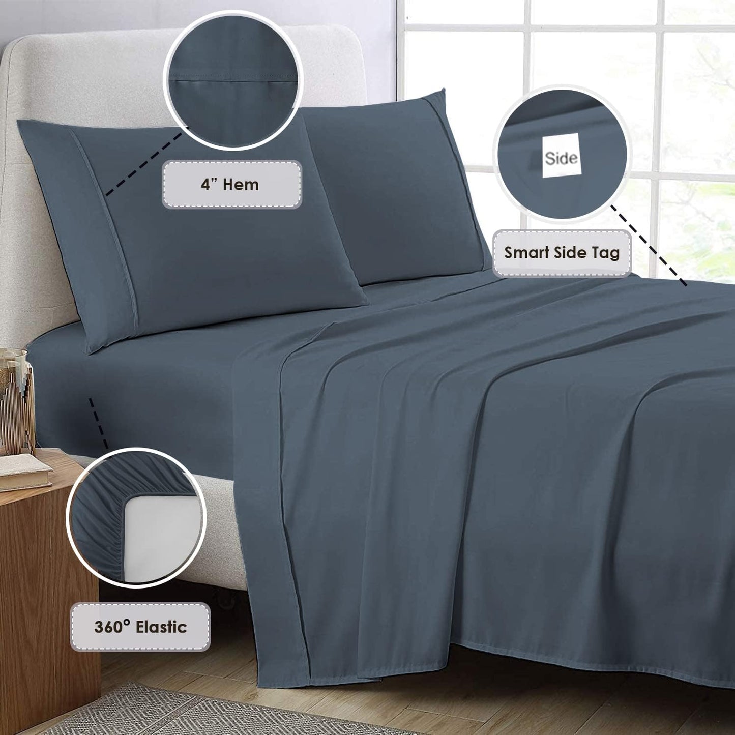 Pizuna Pure 100% Cotton Sheets Full Size, 800 Thread Count Long Staple Cotton Crisp Sateen Sheets Full with 15inch Deep Pocket (Combed dark blue Cotton Sheets Full)