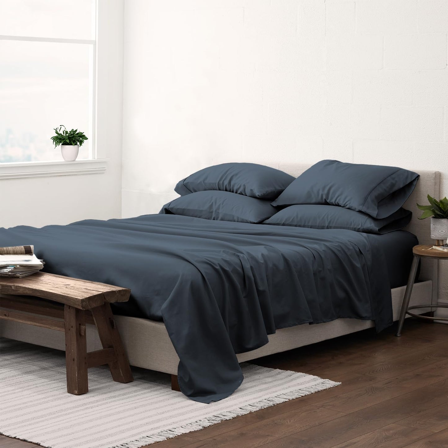 Pizuna Pure 100% Luxury Cotton Full Size Bed Sheets Set Dark Grey, 1000 Thread Count Long Staple Cotton Sateen Thick Sheet & Pillowcase Set, Deep Sheets fits 15" (Combed Cotton Bed Sheets Set)