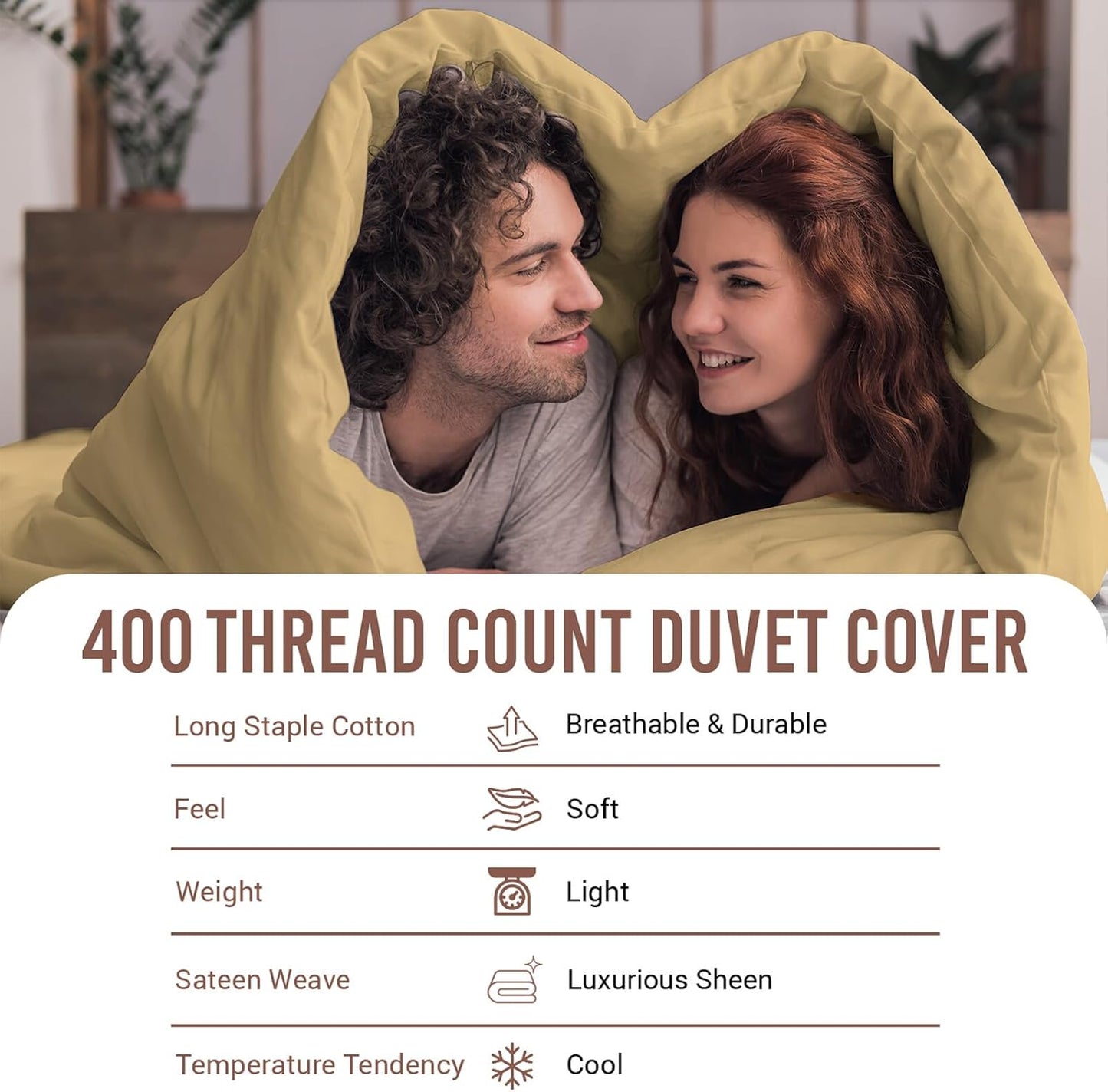 Pizuna Pure 100% Cotton Duvet Cover Full Size Tan, Luxurious 400 Thread Count Long Staple Cotton Sateen Quilt Cover, Button Closure (Combed Cotton Duvet Cover Set)