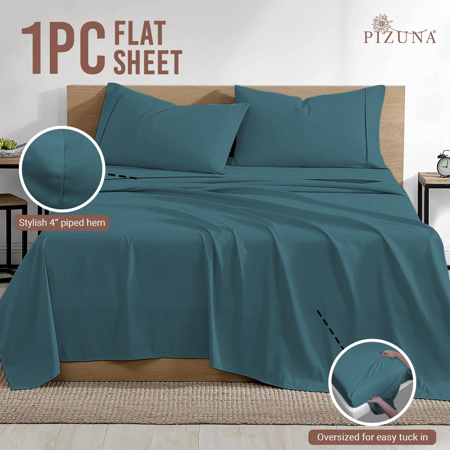 Pizuna Pure 100% Cotton Flat Sheets Only Full Off White (1 PC), Luxurious 400 Thread Count Long Staple Cotton Sateen with 4inch Hem (Combed Full Flat Sheet Only Cotton)
