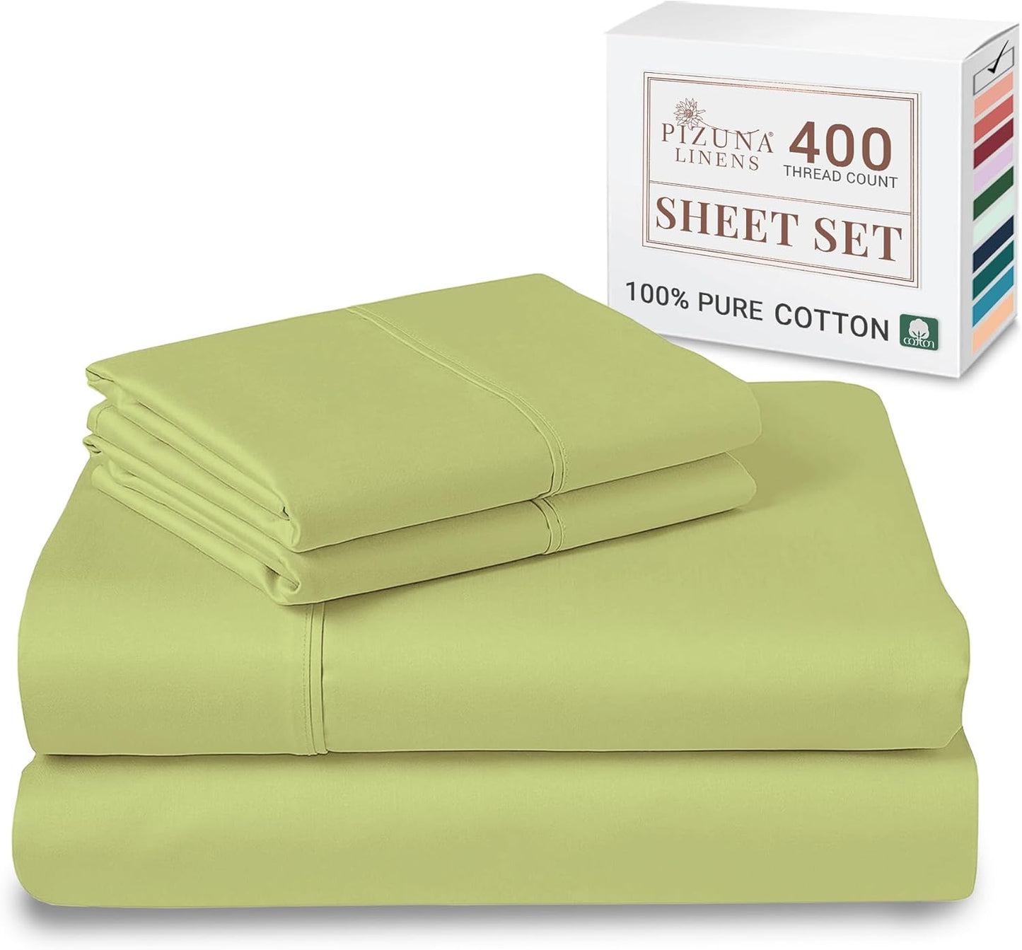 Pizuna Pure 100% Cotton Short King Sheets For RV Light Green, Luxurious 400 Thread Count Long Staple Cotton Sateen Cooling RV King Short Sheets - 4 PC