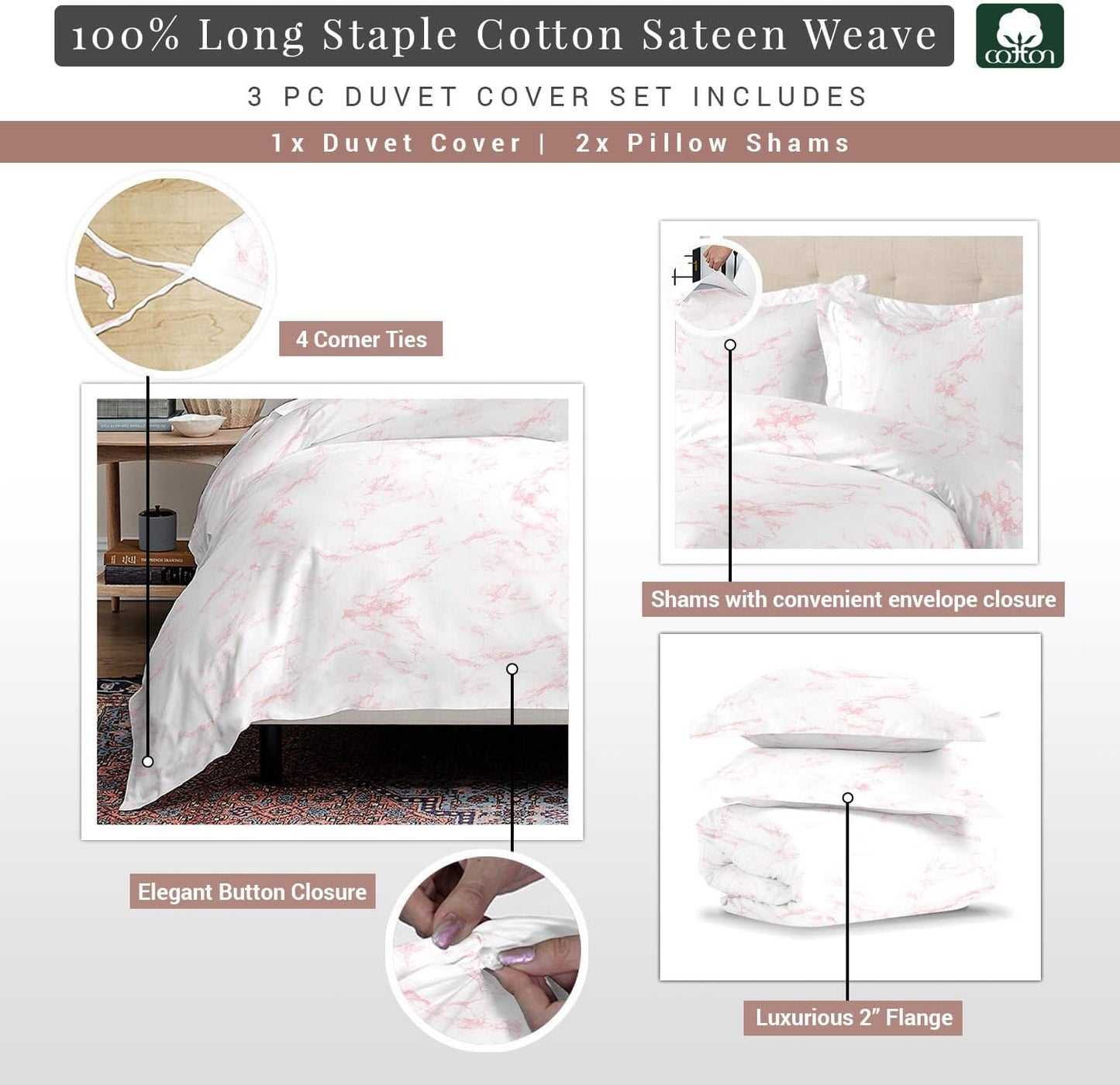 Pizuna Cotton Carrara Pink Marble Printed Duvet Cover Full Size, 400 Thread Count Long Staple Cotton Quilt Cover Full, Sateen Full Duvet Covers with Button Closure (100% Cotton Full Size Bedding Set)