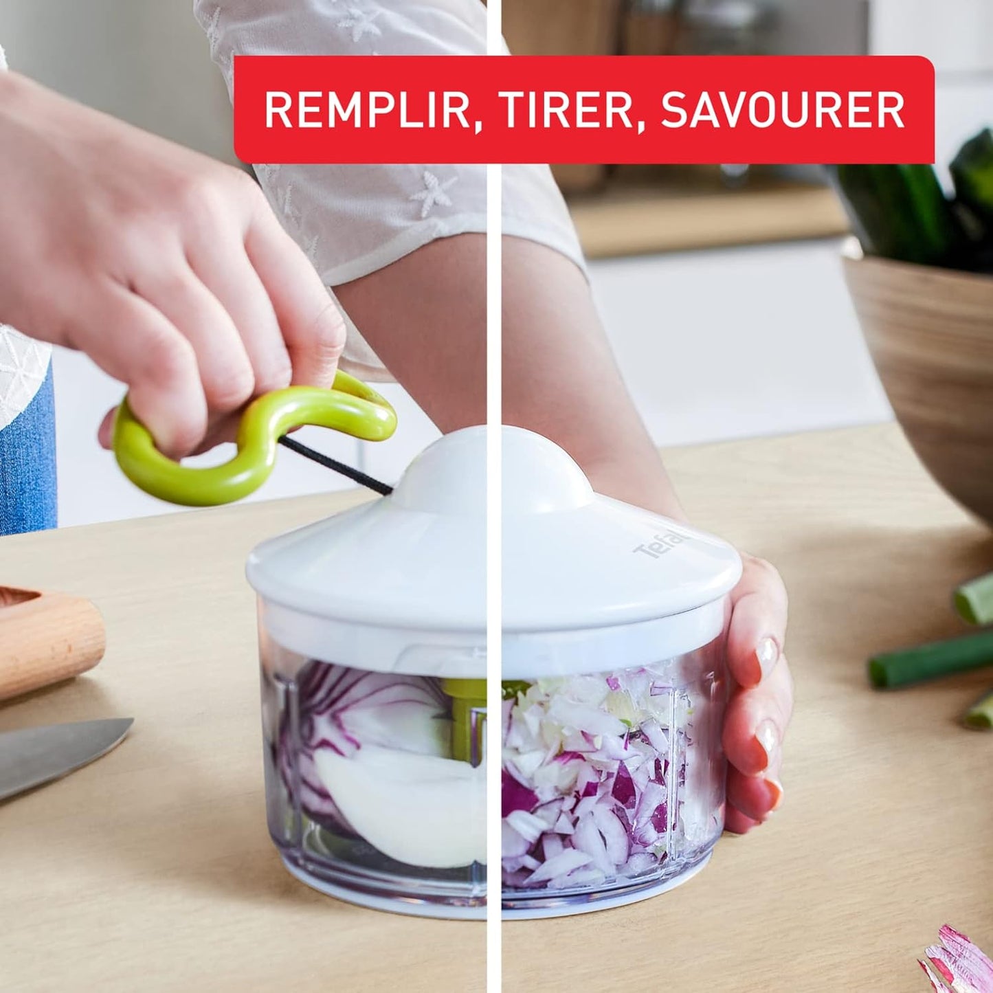 Tefal 5-Second Chopper, 900 ml, Manual Food Chopper and Mixer, Easy to Use, Stainless Steel Blades, Safe to Use, Versatile Results, Vegetables, Onions, Hummus, Guacamole, Herbs And Nuts, K1320404