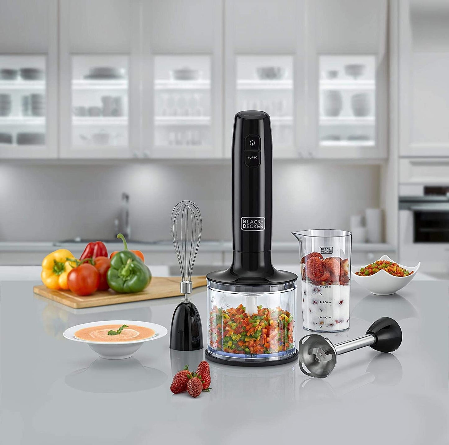 Black & Decker 400W 4 In 1 Stainless Steel Stem Hand Blender With Chopper and Whisk White SB4000-B5,2 years warranty