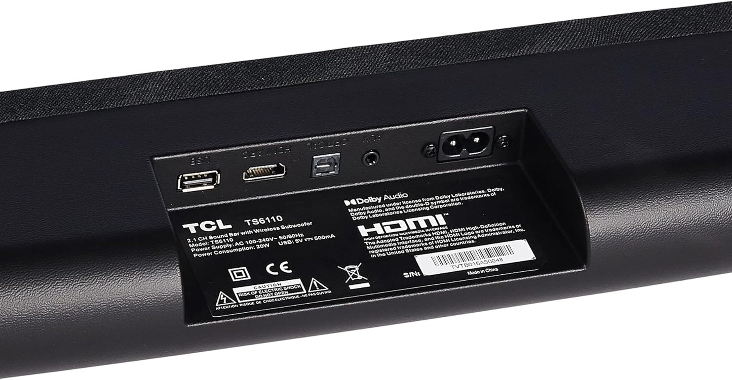 TCL 2.1 Channel Home Theater Soundbar with Wireless Subwoofer 160W Audio Power Multi Color LED Display Bluetooth HDMI Optical Cable Connectivity Remote Control Clear & Loud Sound TS3010