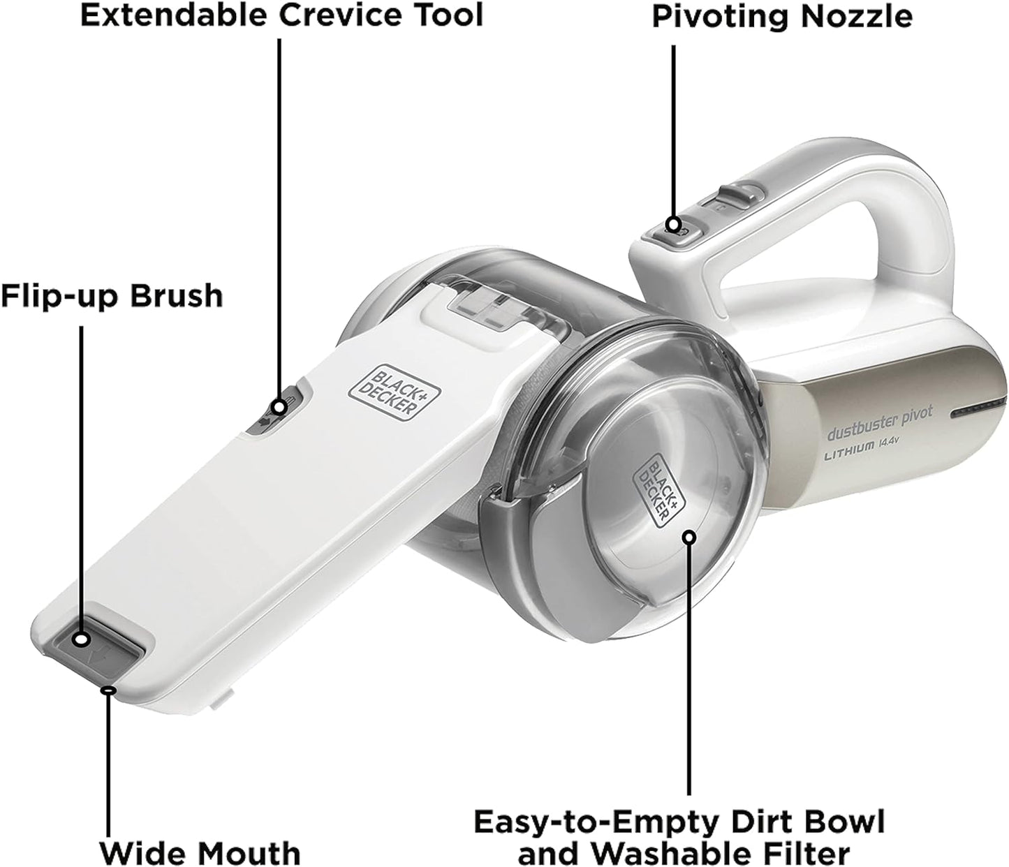 BLACK+DECKER Cordless Handheld Portable Vacuum Cleaner 14.4 V 1.5 Ah Li-Ion Battery 27.5 Air Watts Suction Power Champagne/White PV1420L-B5