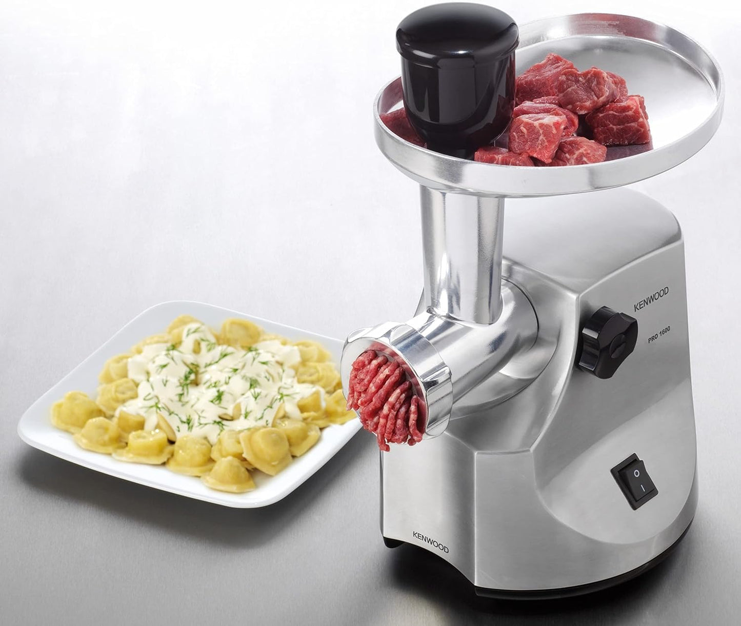 KENWOOD Meat Grinder 1600W Powerful Metal Body Mincer with Kibbeh Maker, Sausage Feed Tube Pusher, 3 Stainless Steel Screens for Fine, Medium & Coarse Results MG510 Silver