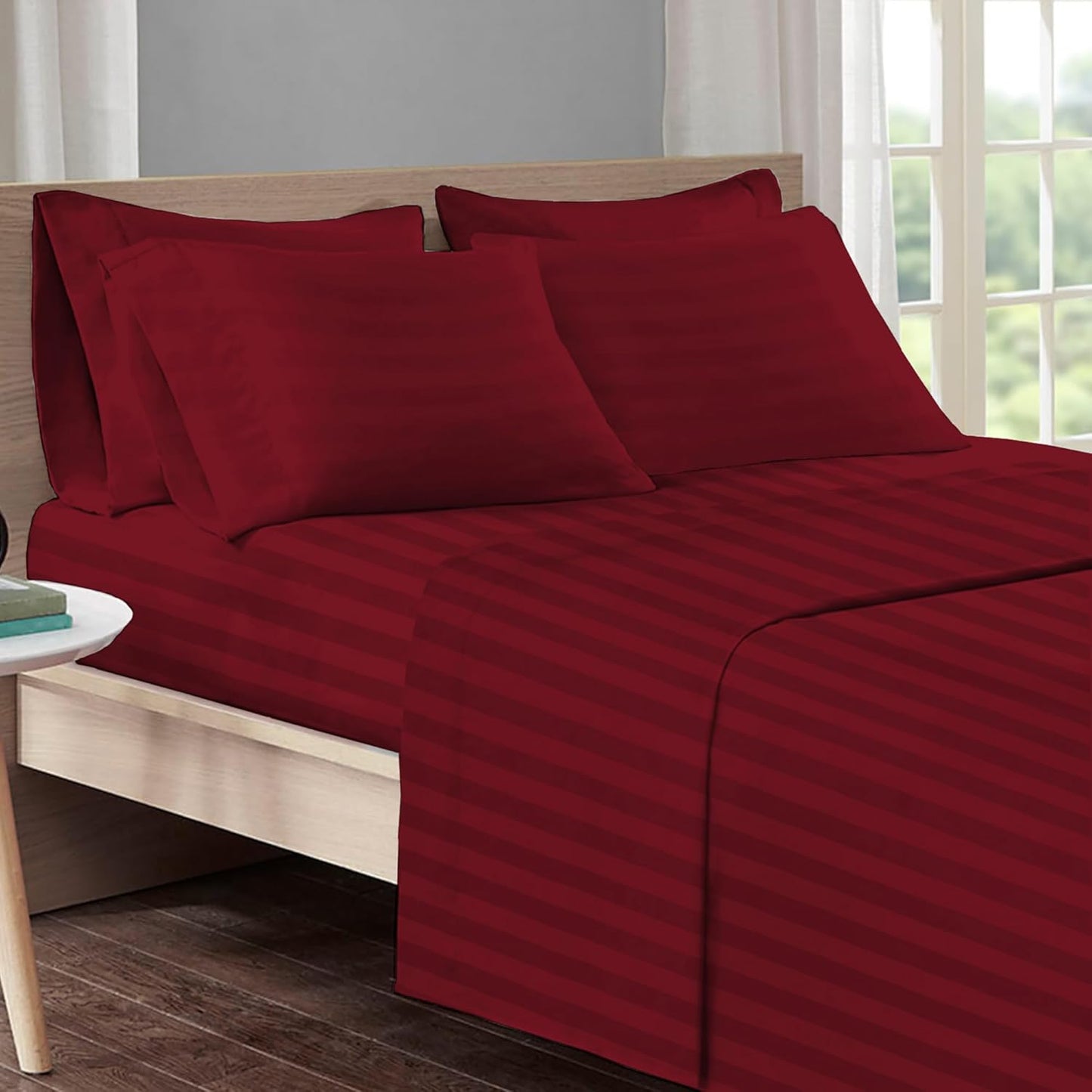 Pizuna Cotton Sheets Full Size, 300 Thread Count Long Staple Cotton Soft Sateen Sheets Full with 15inch Deep Pocket (Combed Checks Luxury Red Cotton Sheets Full)