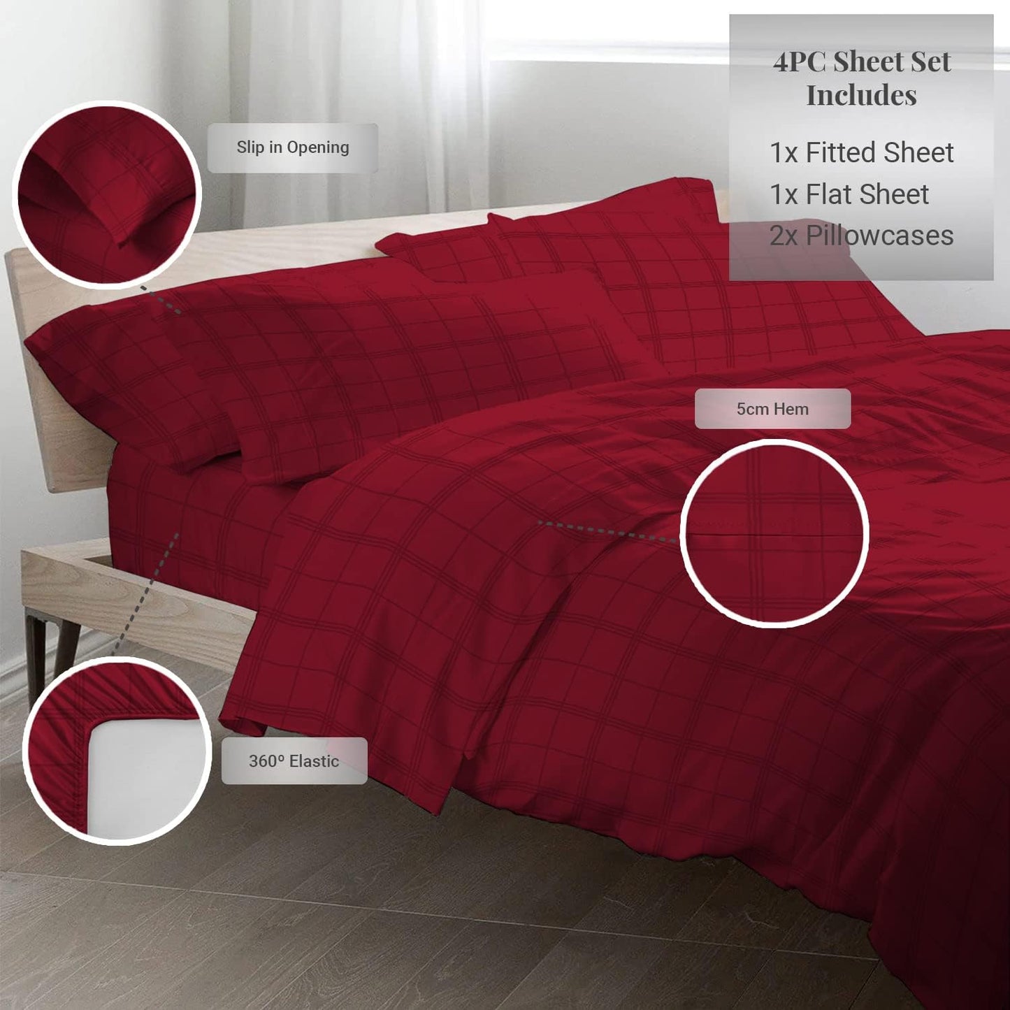Pizuna Dobby Checks 100% Cotton Twin XL Sheets Set Red, 300 Thread Count Long Staple Combed Sateen Cooling Twin XL Damask Sheets Cotton with 15 Inch Deep Pocket (Red Checks Cotton Sheets)
