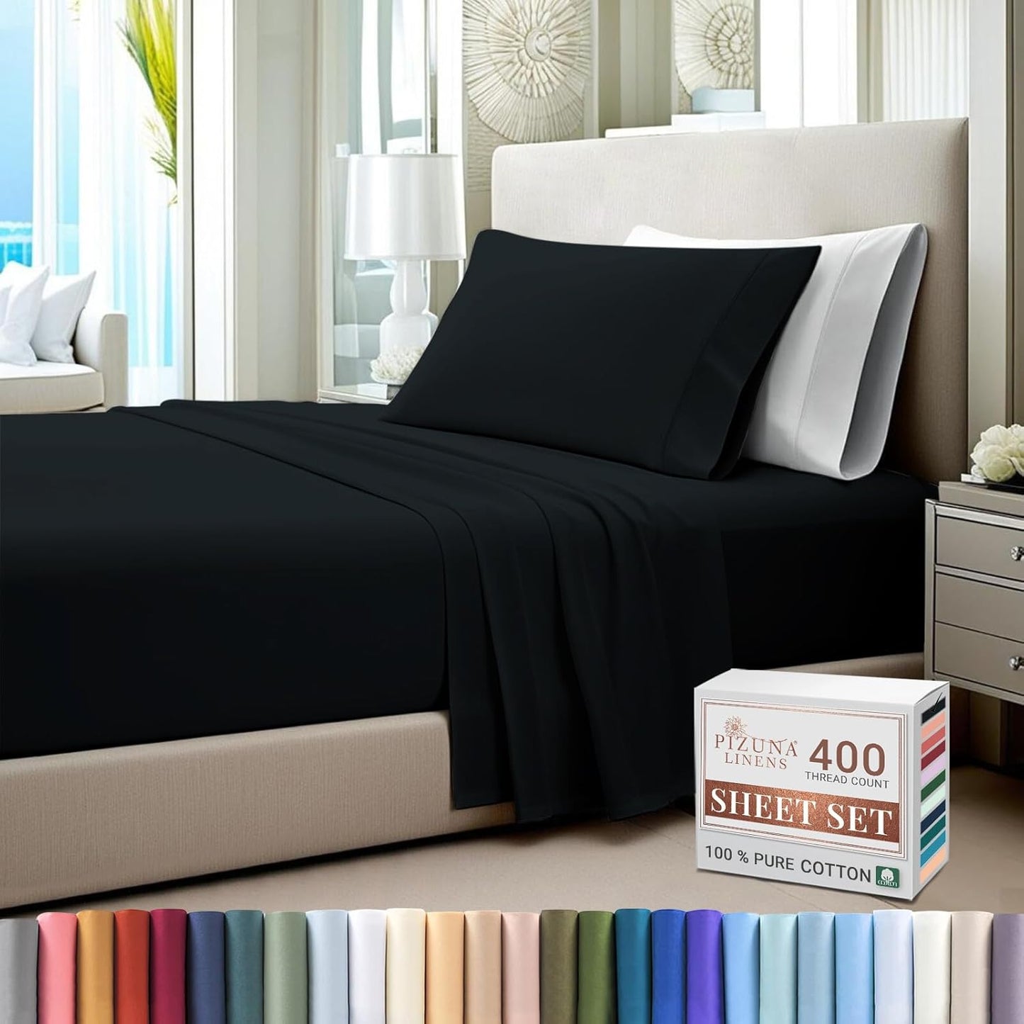 Pizuna Pure Combed Cotton California King Bed Sheet SetLight Pink, 400 Thread Count Cozy Luxury 100% Long Staple Cotton Sateen Weave Bedsheet Set (1 Flat Sheet, 1 Fitted Sheet, 2 Pillowcases)