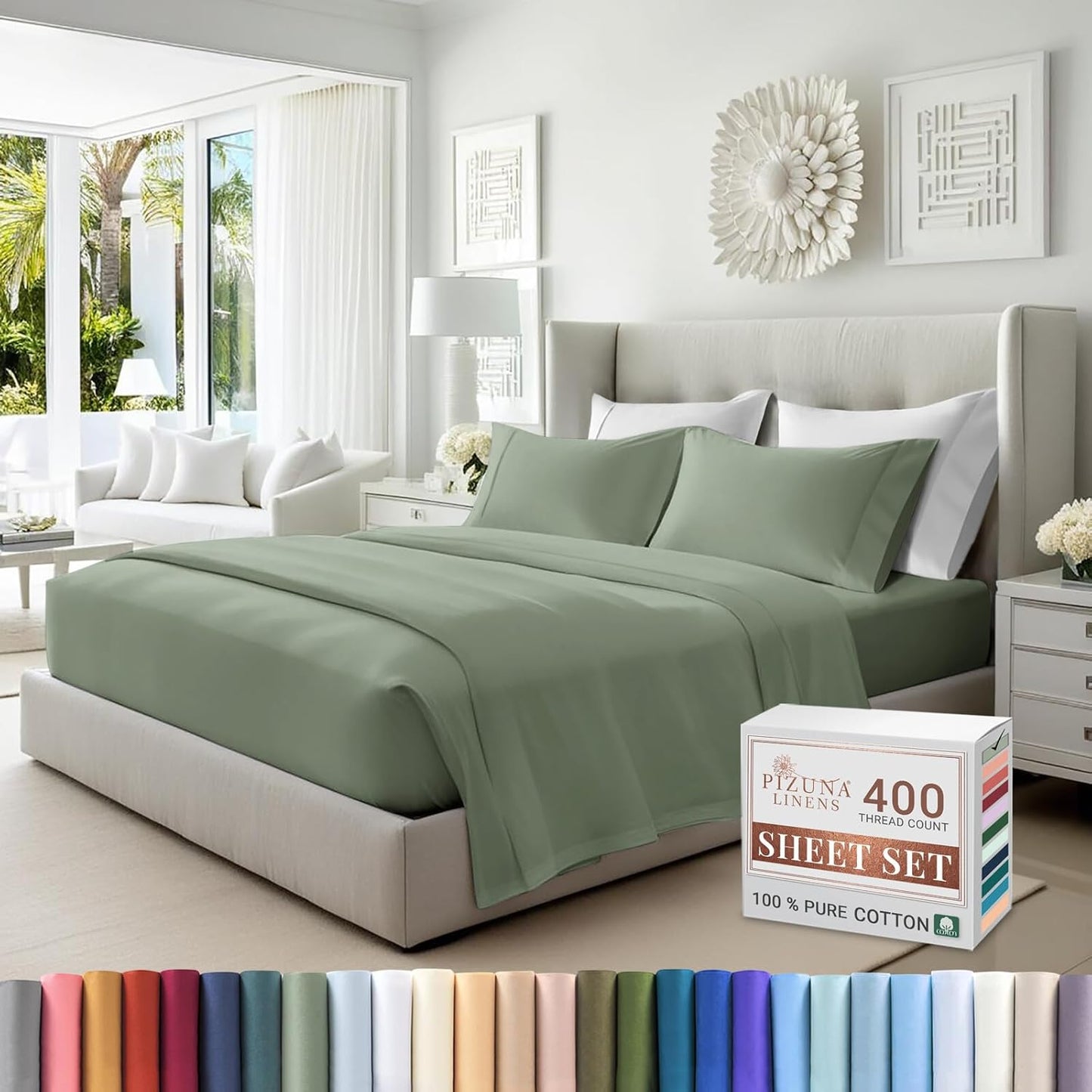 Pizuna Pure 100% Cotton King Size Sheets Set White, Luxurious 400 Thread Count Long Staple Cotton Sateen Sheets with 15" Deep Pocket (Cotton Bed Sheet Set - 4PC)