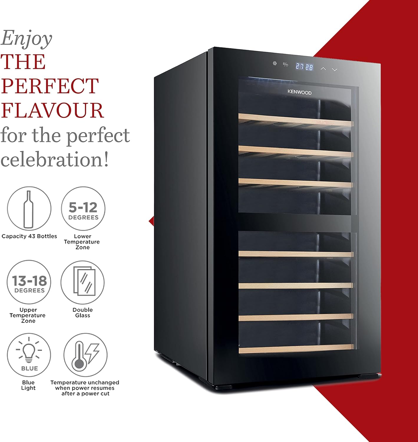 Kenwood Beverage Cooler 43 Bottles Wine Refrigerator With Dual Temperature Zone, Double Glass Door, Blue Light, Smart Control Bcw43.000Bk Black"Min 1 year manufacturer warranty"