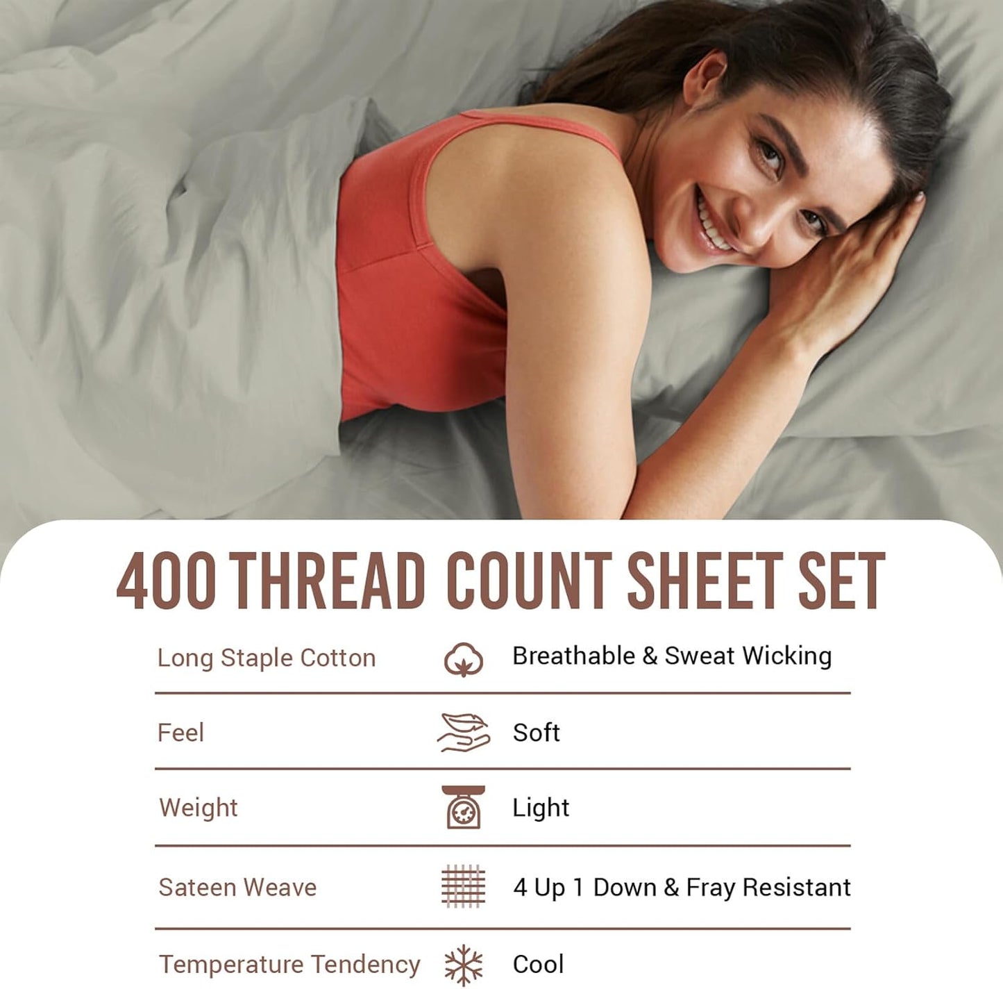 Pizuna Pure 100% Cotton Split King Sheet Set Silver, Luxurious 400 Thread Count Long Staple Cotton Sateen Split King Sheets Sets For Adjustable Bed with 15" Deep Pocket - 5 PC