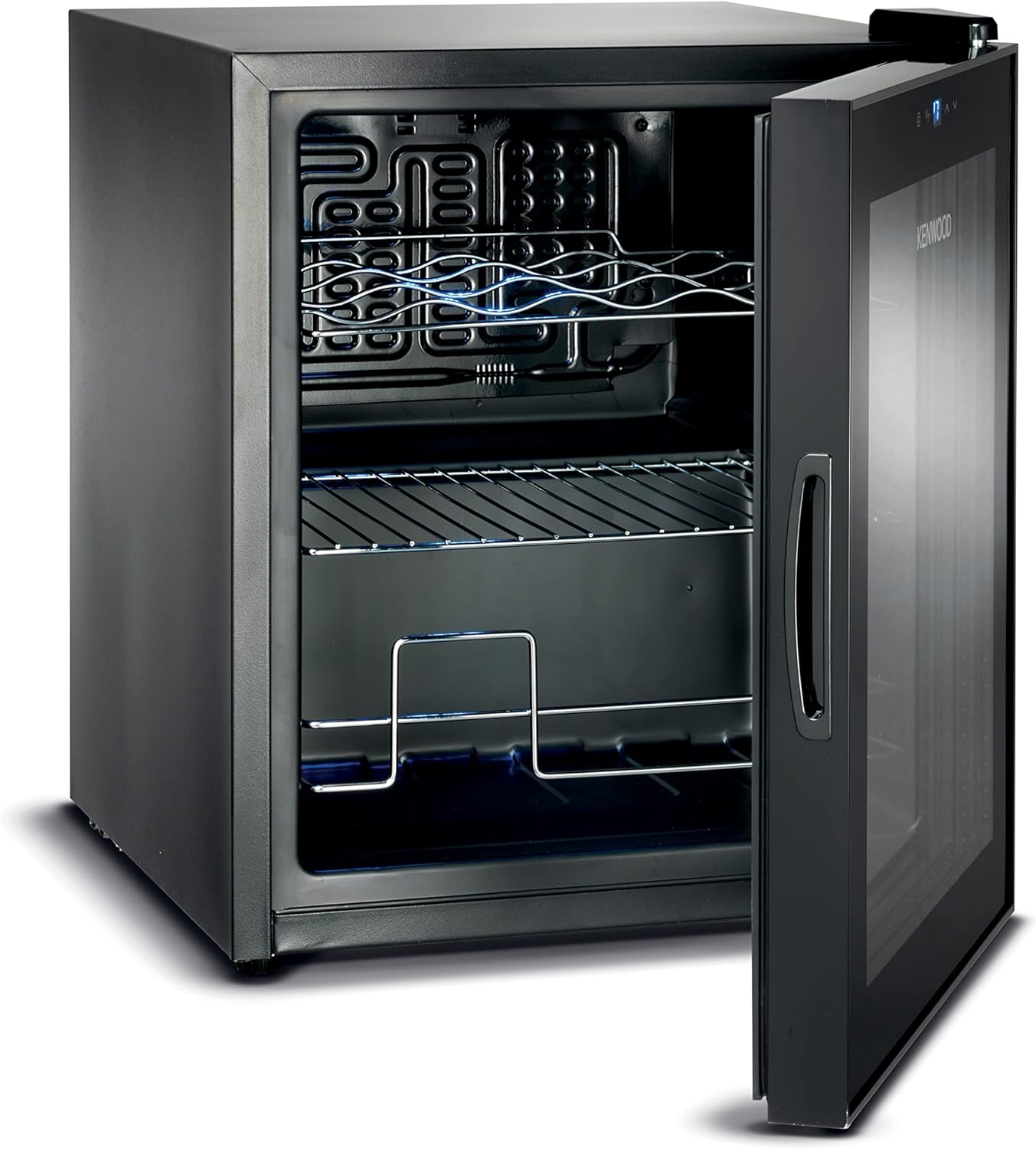 KENWOOD Beverage Cooler 12 Bottles Wine Cooler Refrigerator with Double Glass Door, Blue Light, Smart Temperature Control BCM12.000BK Black