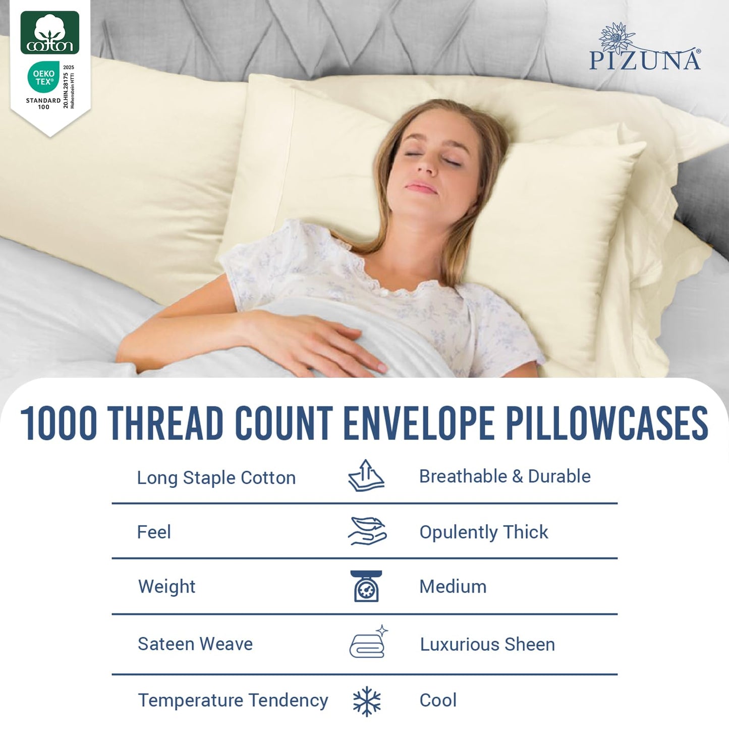 Pizuna 100% Luxury Cotton King Size Pillow Case Dark Blue, 1000 Thread Count 100% Long Staple Cotton Sateen Pillowcase, Pillow Covers with Stylish 4" Hem (Combed Cotton King Pillowcase Set of 2)