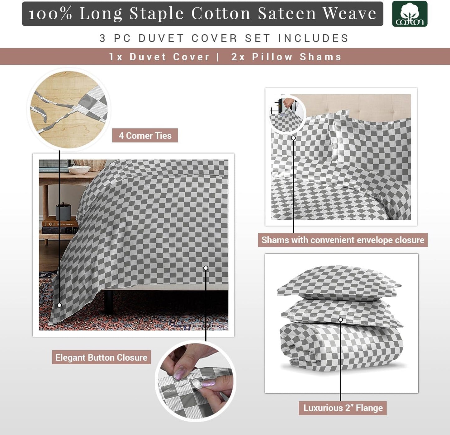Pizuna Cotton Grey Smart Plaid Duvet Cover Full Size, 400 Thread Count Long Staple Cotton Quilt Cover Full, Sateen Full Duvet Covers with Button Closure (100% Cotton Full Size Bedding Set)