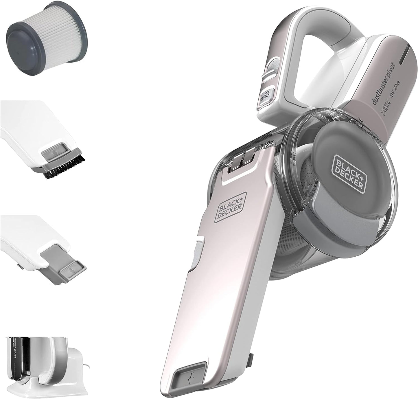 BLACK+DECKER Cordless Handheld Portable Vacuum Cleaner 14.4 V 1.5 Ah Li-Ion Battery 27.5 Air Watts Suction Power Champagne/White PV1420L-B5