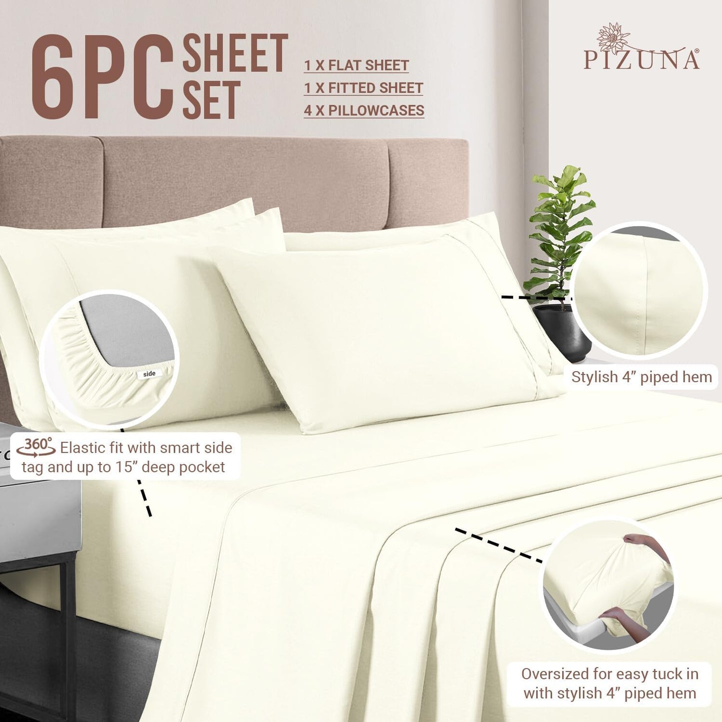 Pizuna Pure 100% Cotton 6 Piece King Size Sheets Set Off White, Luxurious 400 Thread Count Long Staple Cotton Sateen Sheets with 15" Deep Pocket (6 PC Bed Sheets)