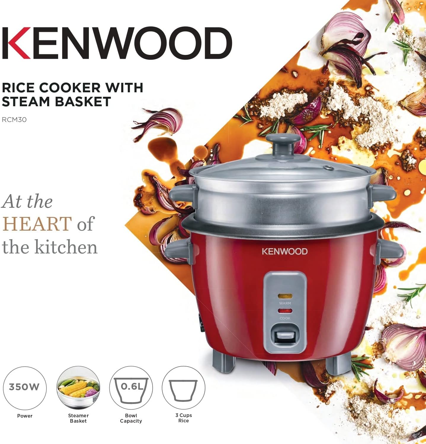 KENWOOD 2-in-1 Rice Cooker 0.6L 3-Cups Rice with Food Steamer Basket, Non-Stick Cooking Pot, Temepered Glass Lid, Warm/Cook Lights, Spatula Holder, Detachable Cord RCM30.000RD Red