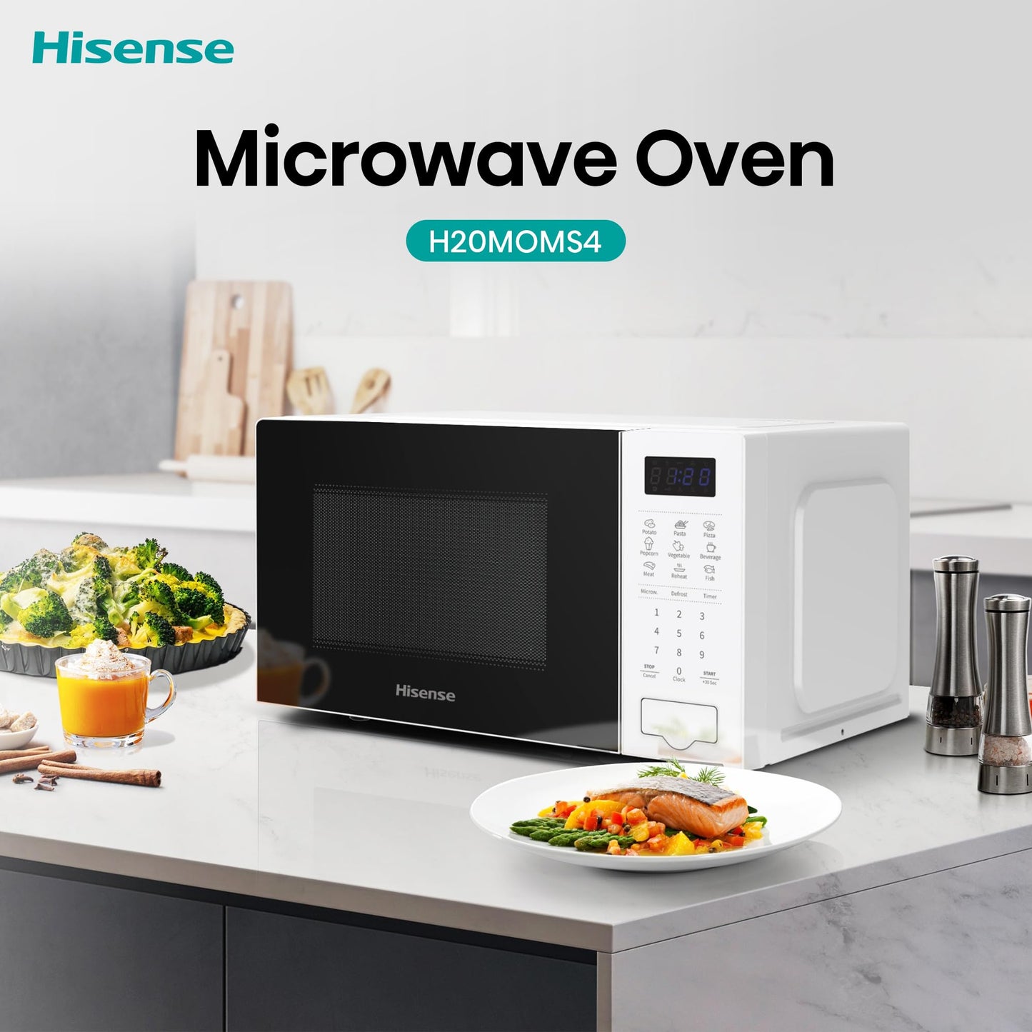 Hisense 20L Microwave Oven, Preset Cooking Menus, 11-levels of Power, 360° Turntable, Time & Weight Defrost, LED Display, Optional Ceramic Cavity, H20MOWS4UK, H20MOWS4 MWO