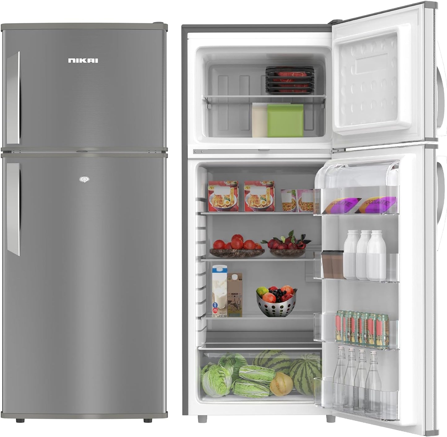 Nikai 170L Gross/112L Net, Double Door Refrigerator with Vegetable Crisper & Adjustable Glass Shelves, Defrosting & Temperature Control, Ideal for Kitchen, Bedroom, Office & Hotels - NRF170DN3M Silver