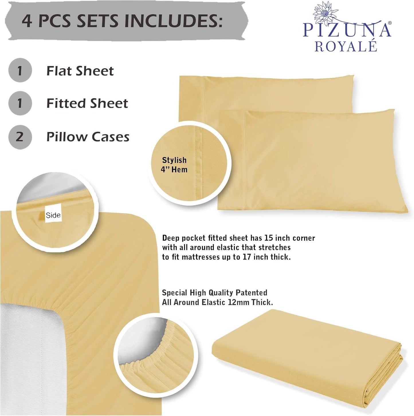 Pizuna 800 Thread Count Cotton King Sheets Set Gold, 100% Long Staple Cotton Smooth Sateen Bed Sheets, Sheets fit Upto 15 inch Deep Pockets (Wheat King 100% Cotton Sheets Sets)