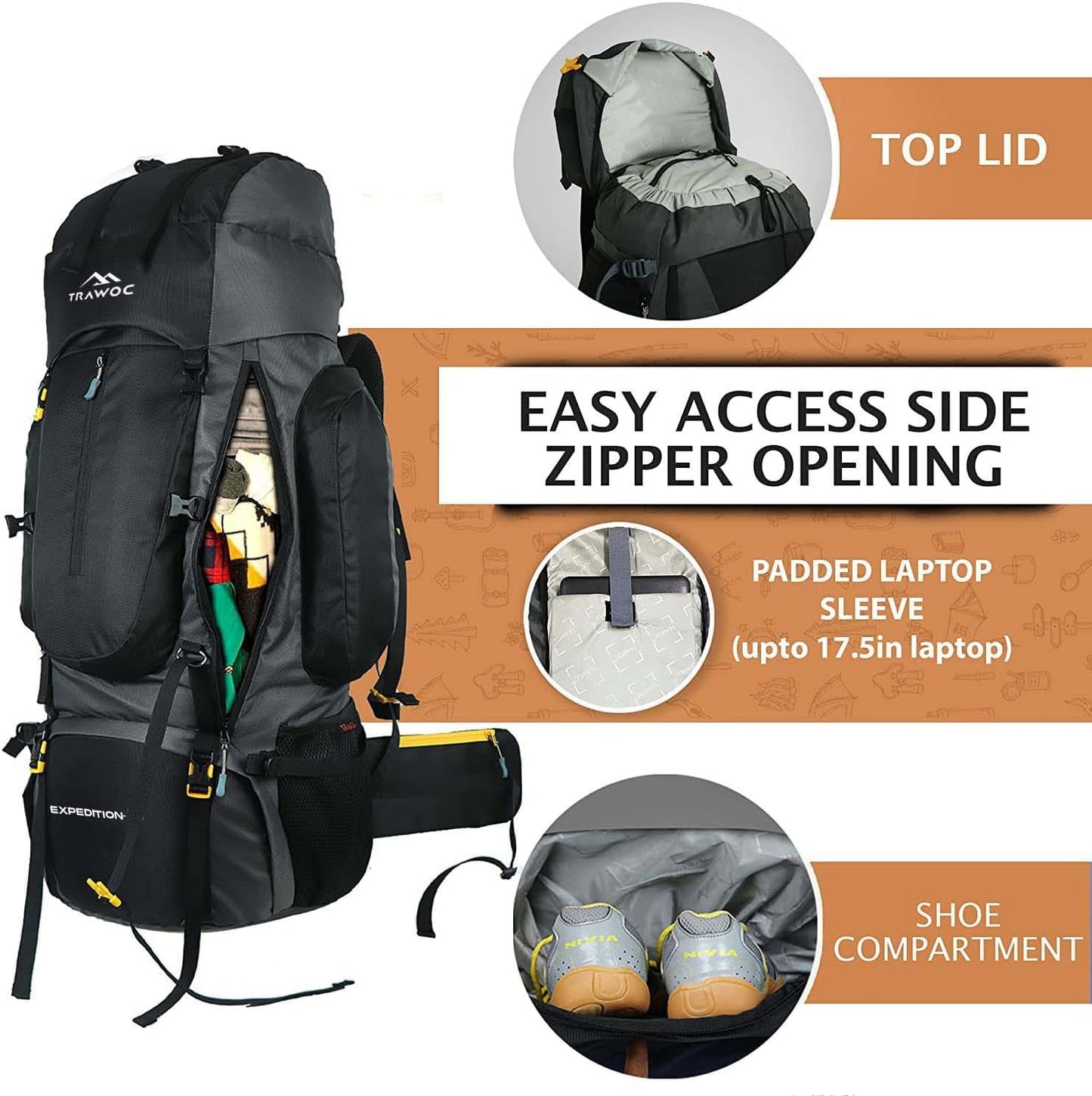 TRAWOC 80L Travel Backpack Camping Hiking Rucksack Trekking Bag with Water Proof Rain Cover/Shoe Compartment, BHK001