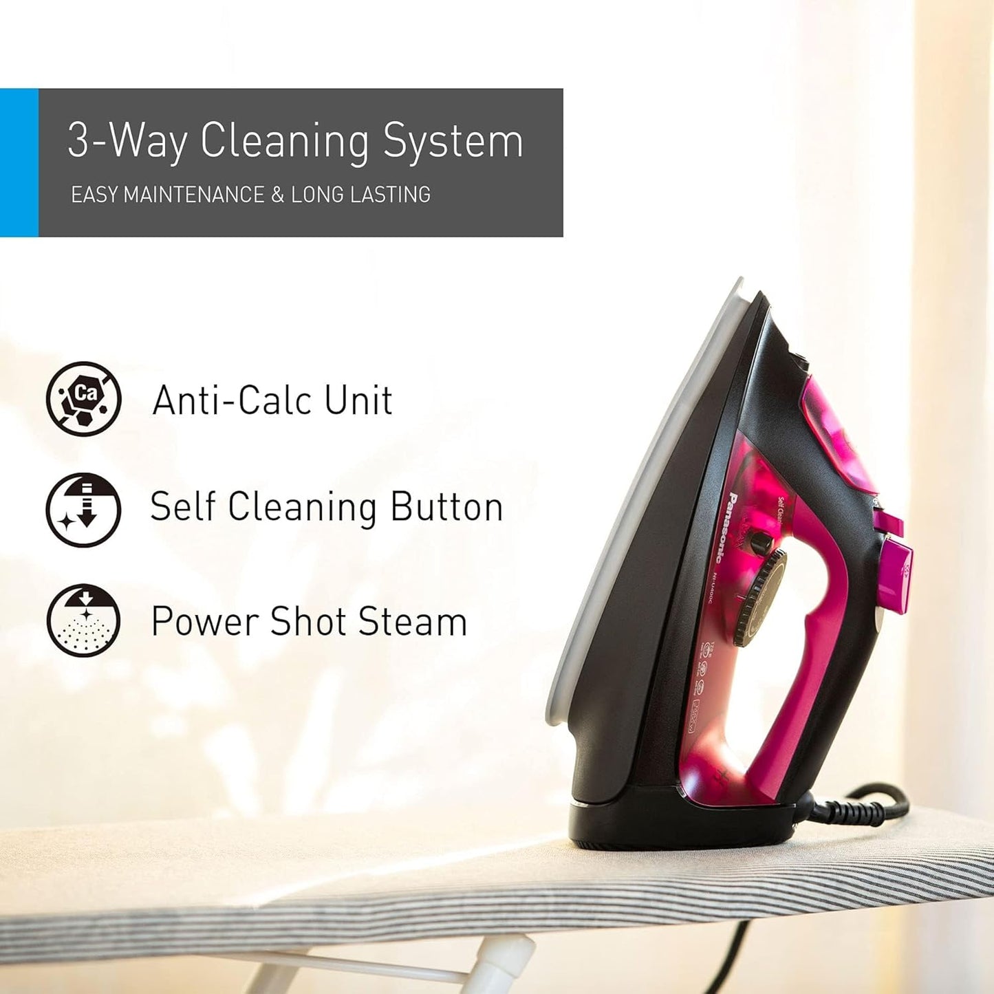 Panasonic Steam Iron, 2300W, Ni-U400, Pink, Big Ceramic Soleplate