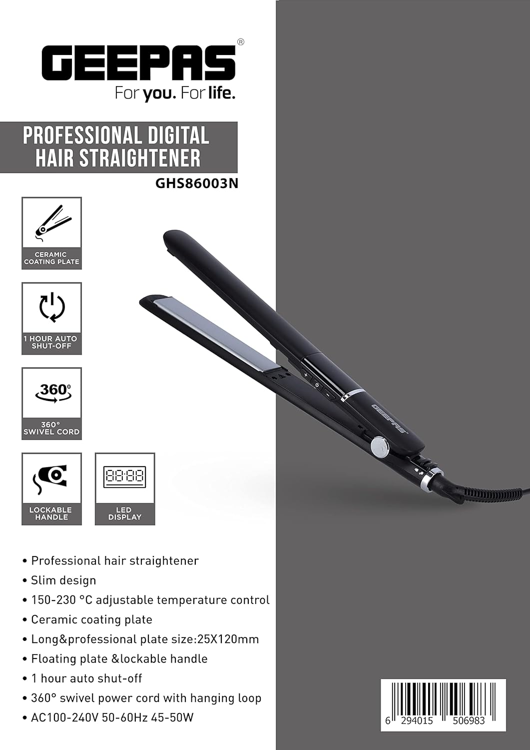 Geepas Professional Digital Hair Straightener- GHS86003| Slim Design With LED Display And Ceramic Coated Plate| Adjustable Temperature Control, 360-Degree Swivel Cord, ON/OFF Switch| Black