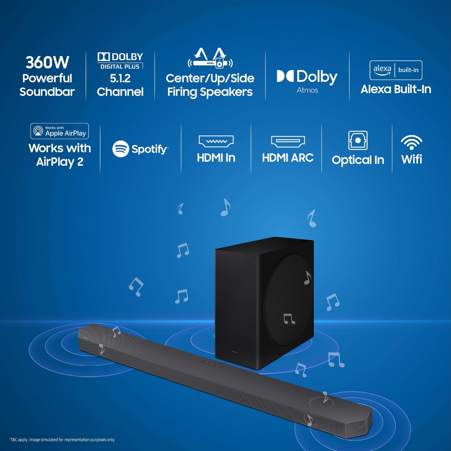 Samsung Q-Symphony soundbar (HW-Q700B) with 3 Channels, 1 subwoofer Channel, and 2 up-Firing Channels, Dolby True HD with Google & Alexa Smart Speaker (Black)