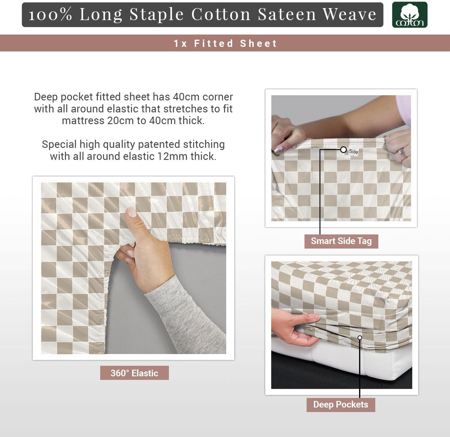 Pizuna Cotton Twin XL Fitted Taupe Smart Plaid Sheet 1 Pc 400 Thread Count 100% Long Staple Cotton Sheets Sateen Printed Twin XL Sheets 15Inch Deep Pocket Fitted Sheet (Twin XL Fitted Sheet)