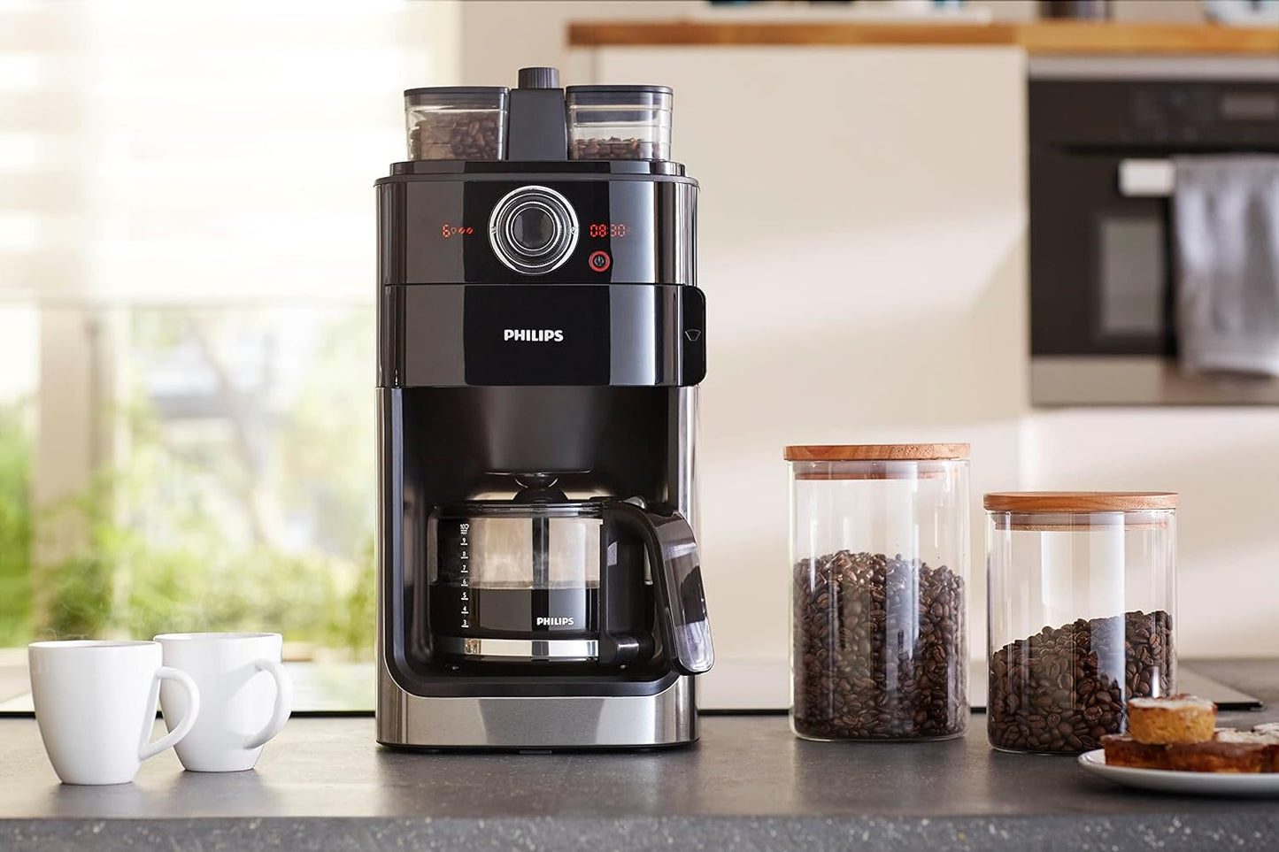 PHILIPS Grind and Brew Coffee Maker with Glass Jug, Grind and Brew System, HD7762, Black/Silver - International Version