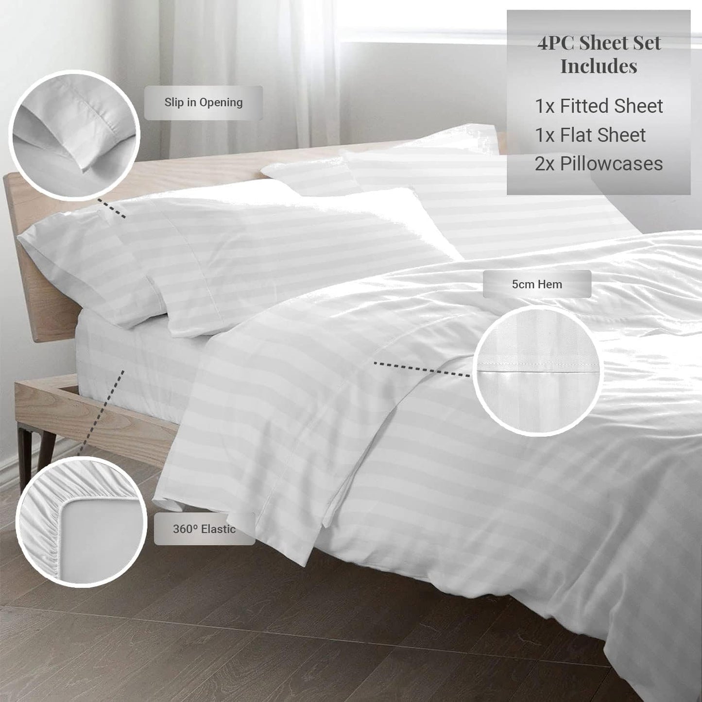 Pizuna Dobby Checks Full Size Sheet Sets Cotton White, 300 Thread Count Long Staple 100% Cotton Damask Bed Sheets, Sateen Sheets for Full Size Bed with 15 Inch Deep Pocket (Damask White Sheets Full)
