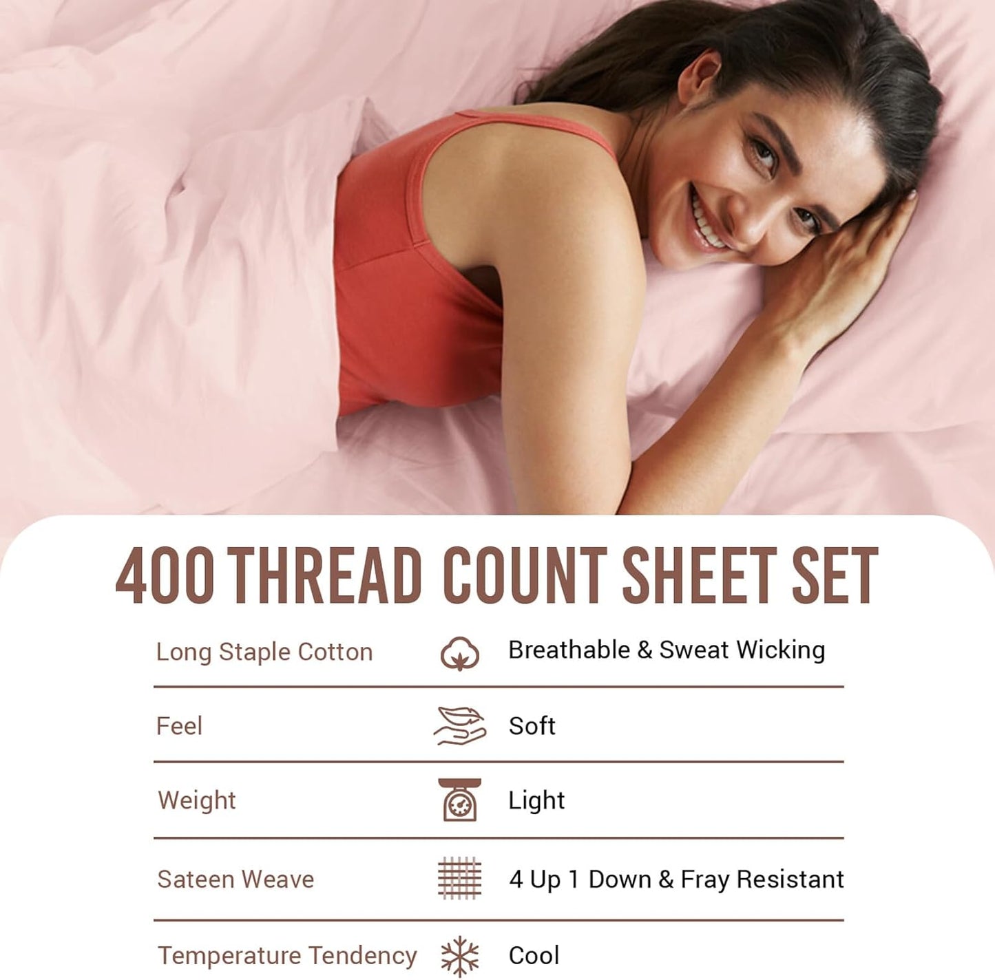 Pizuna Pure 100% Cotton Short King Sheets For RV Light Pink, Luxurious 400 Thread Count Long Staple Cotton Sateen Cooling RV King Short Sheets - 4 PC