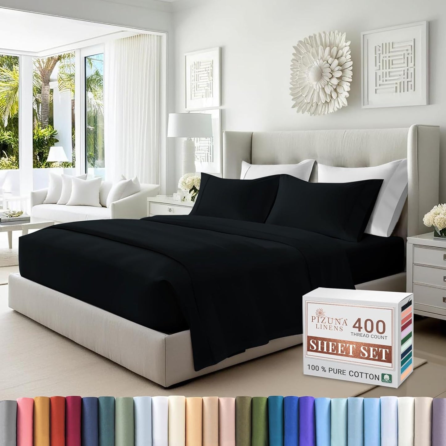 Pizuna Pure 100% Cotton Twin XL Bed Sheet Set White, 400 Thread Count Cozy Luxury Long Staple Cotton Sateen Weave Bedsheet Set (1 Flat Sheet, 1 Fitted Sheet, 1 Pillowcase)