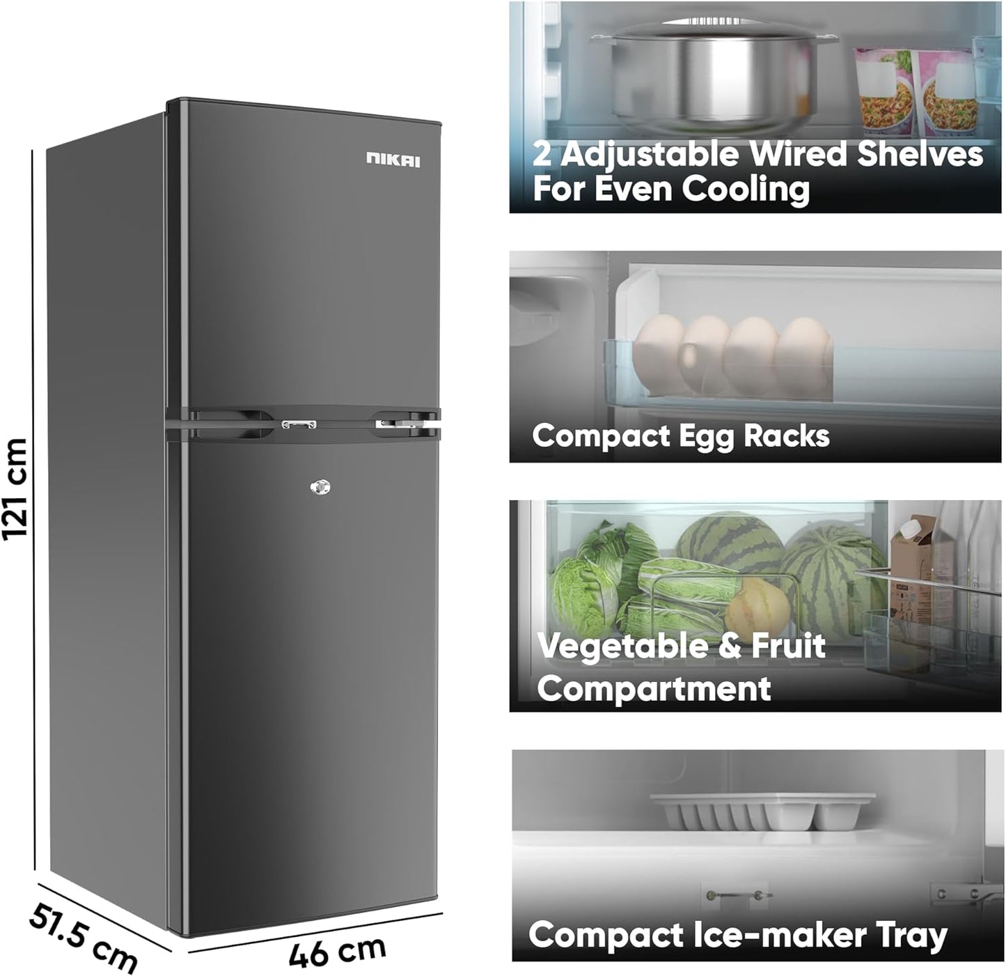 Nikai 170L Gross/112L Net, Double Door Refrigerator with Vegetable Crisper & Adjustable Glass Shelves, Defrosting & Temperature Control, Ideal for Kitchen, Bedroom, Office & Hotels - NRF170DN3M Silver