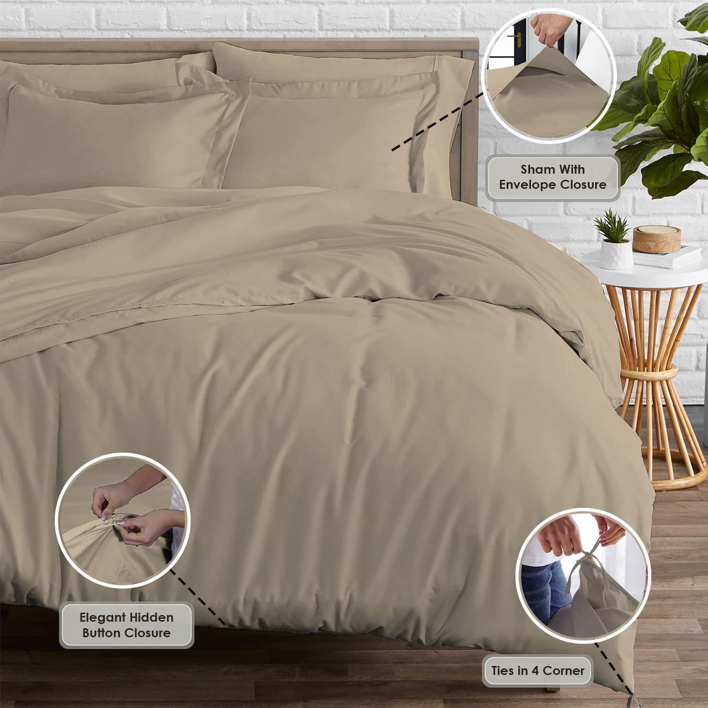 Pizuna Pure 100% Cotton Queen Duvet Cover Set, 600 Thread Count Long Staple Cotton Crisp Sateen Weave with Button Closure (Combed Simply Taupe Cotton Duvet Cover Queen)