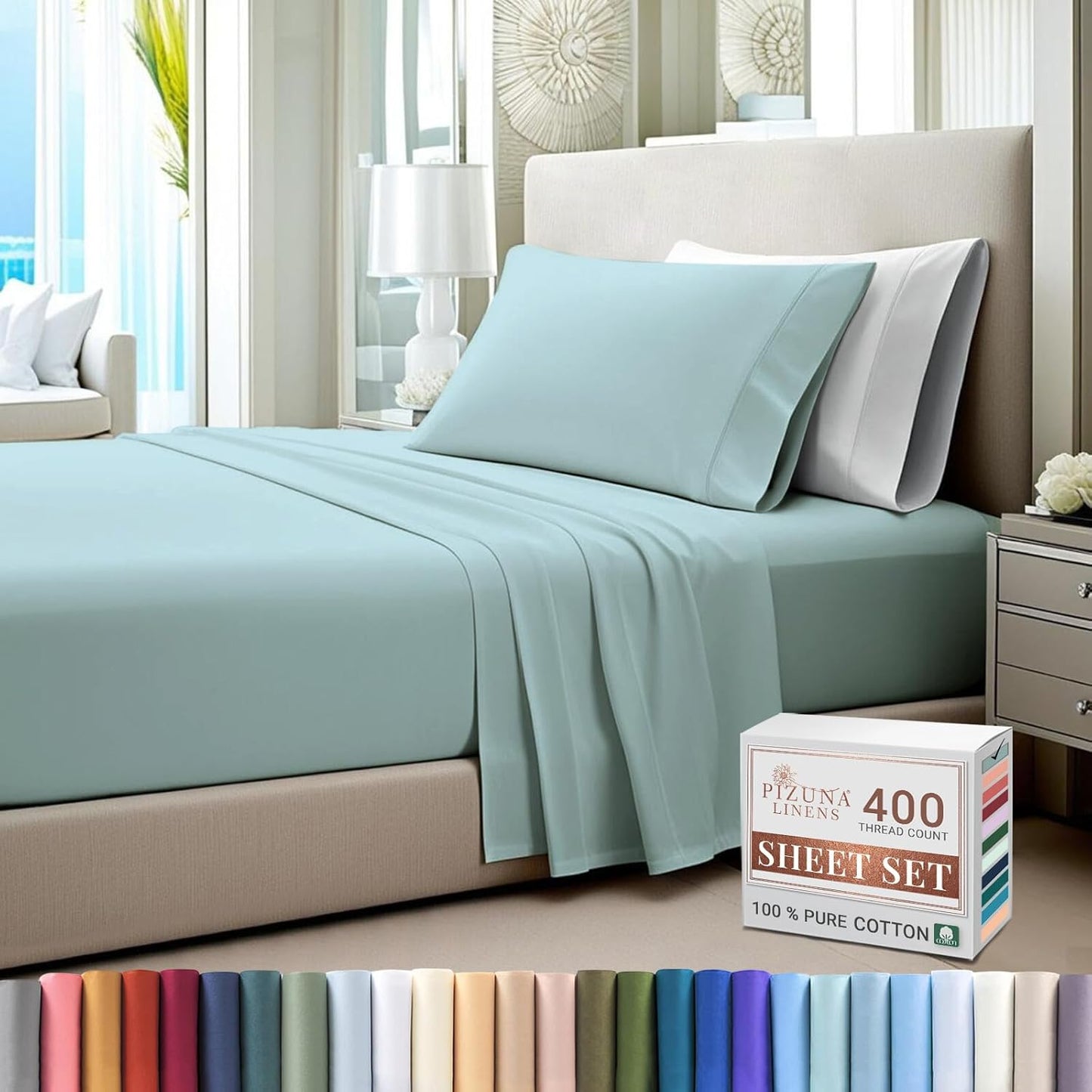 Pizuna Pure Combed Cotton California King Bed Sheet SetLight Pink, 400 Thread Count Cozy Luxury 100% Long Staple Cotton Sateen Weave Bedsheet Set (1 Flat Sheet, 1 Fitted Sheet, 2 Pillowcases)